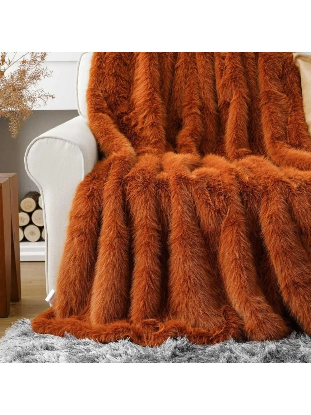 Cozy Luxury Orange Faux Fur Throw Blanket - Soft Fall Decor, 50